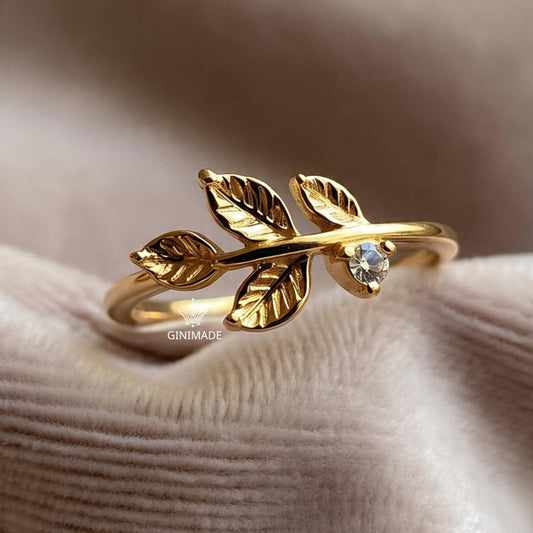 Gold Leaf Ring with CZ Diamond | Dainty Vine Ring for Women | Shiny Gold Plated Nature Jewelry | Botanical Leaf Band | Gift for Her