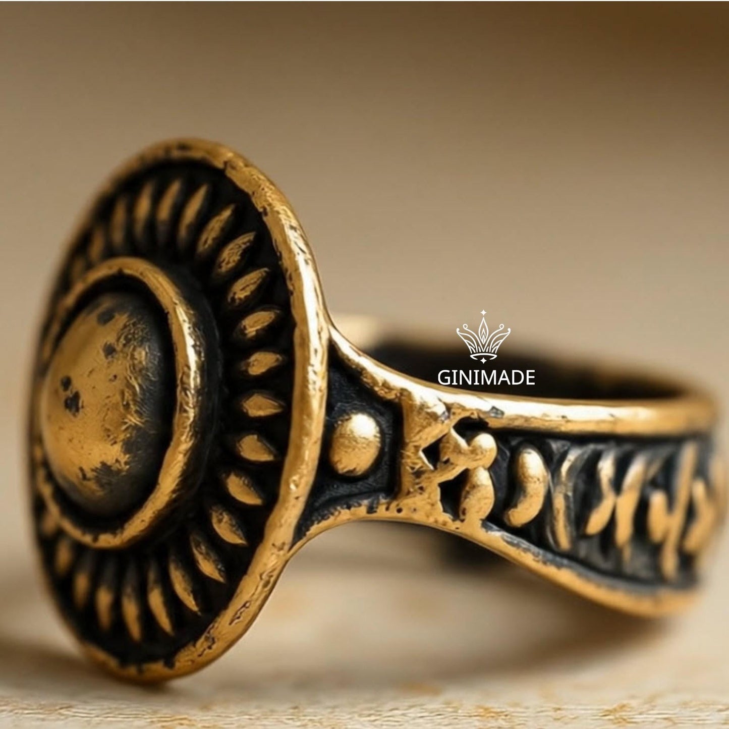 Vintage Tribal Brass Ring – Handmade Ethnic Boho Statement Ring – Bold Round Adjustable Ring for Women – Antique Jewelry by Ginimade