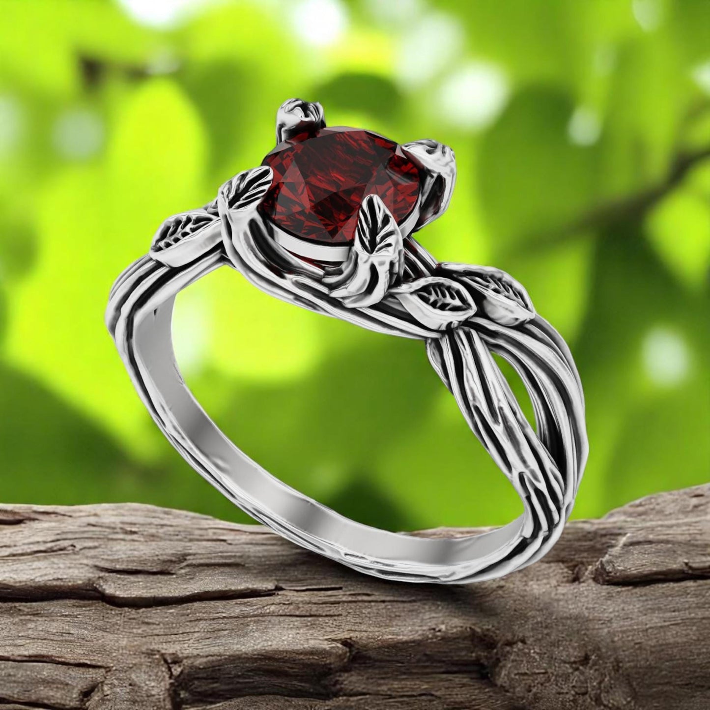 Hessonite Garnet Leaf Ring • 925 Sterling Silver Nature-Inspired Engagement Ring • Boho Woodland Gemstone Jewelry • Gothic Wedding Ring