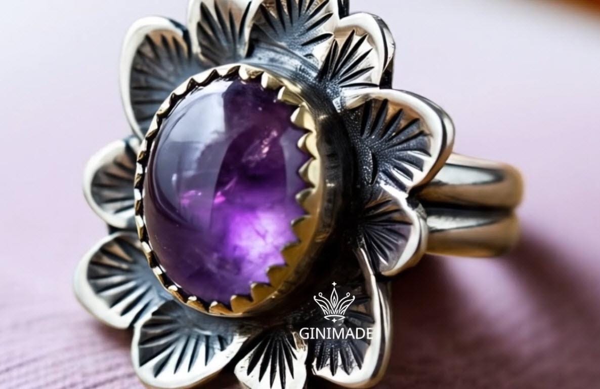 Handcrafted Mix metal Amethyst Ring – Silver Floral Leaf Design – Nature-Inspired Boho Jewelry