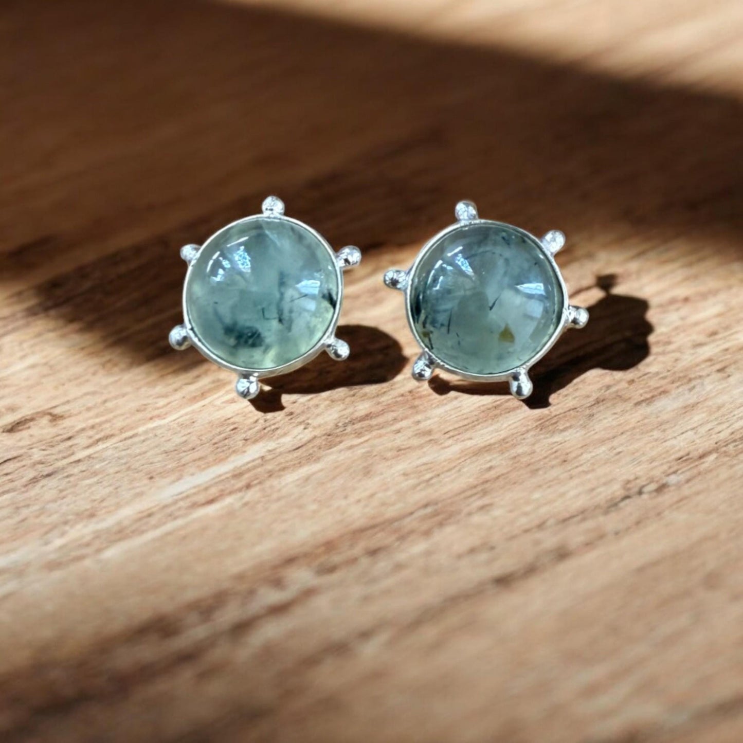 Moss Agate Brass Stud Earrings – Round Cabochon Silver Finish Earrings – Handmade Minimalist Gemstone Jewelry Gift for Her