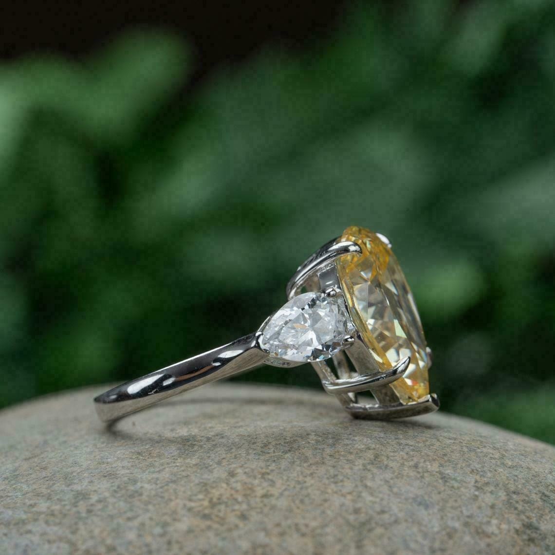 Sterling Silver Three-Stone Engagement Ring, Light Yellow, Minimalist Chic