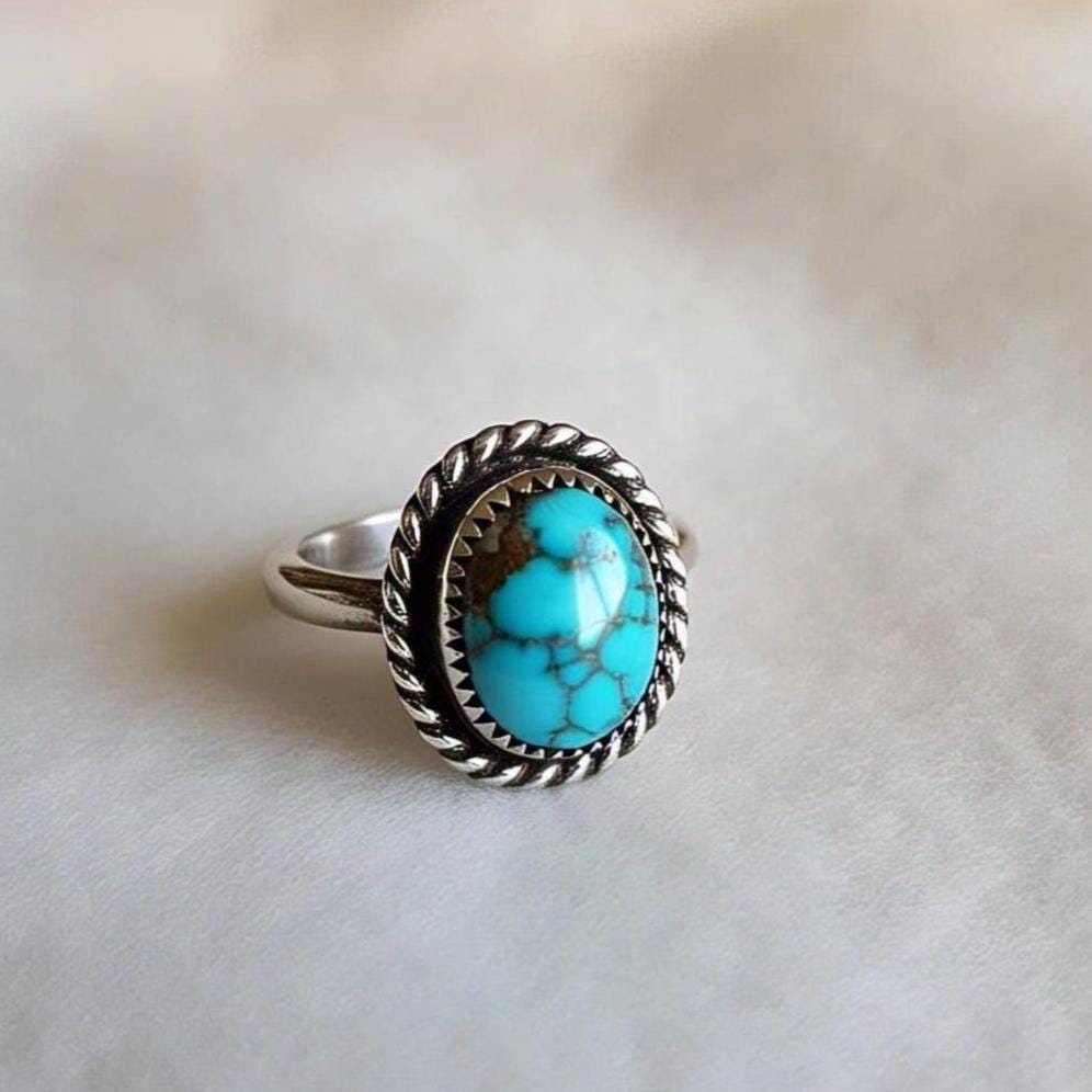 Boho Natural Tibetan Turquoise Rings in 925 Sterling Silver – Oval Gemstone Accents, Vintage-Inspired Bohemian Jewelry