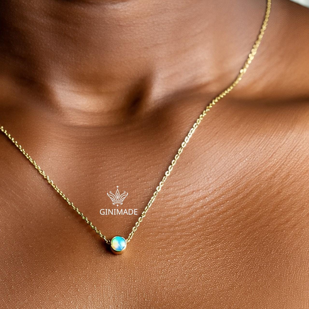Tiny Opal Gold Necklace – Dainty Round October Birthstone Pendant, Minimalist Gold Jewelry, Bridesmaid Gift, Birthday Gift for Her