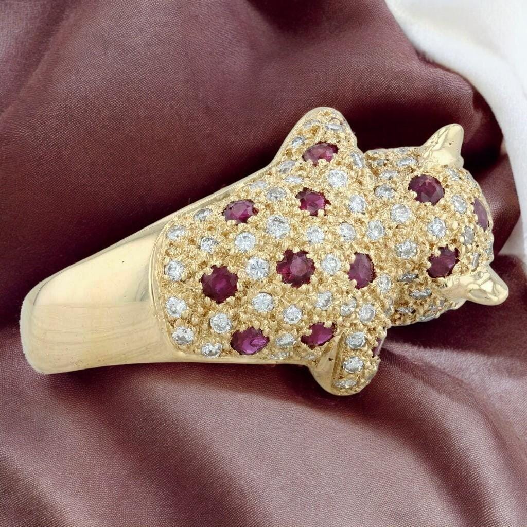 Unique CZ Ruby and CZ Diamond  Panther Leopard Ring in 14k Yellow Gold Plated Silver 925 – Elegant Animal Inspired Jewelry