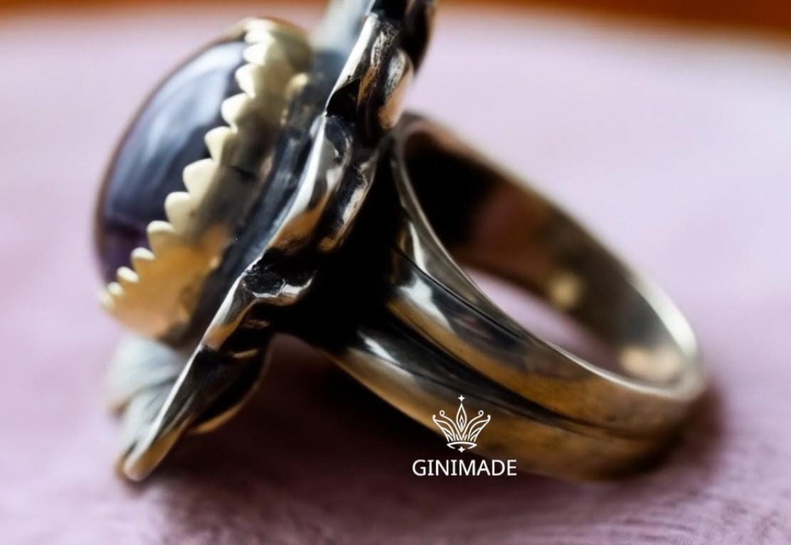 Handcrafted Mix metal Amethyst Ring – Silver Floral Leaf Design – Nature-Inspired Boho Jewelry