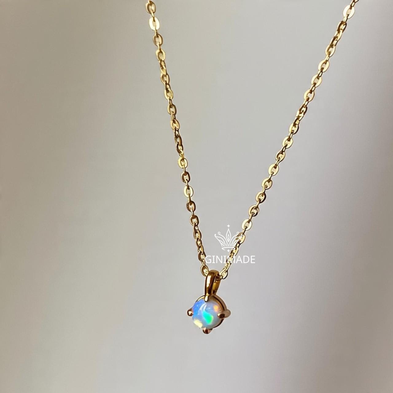 Tiny Opal Gold Necklace – Dainty Round October Birthstone Pendant, Minimalist Gold Jewelry, Bridesmaid Gift, Birthday Gift for Her