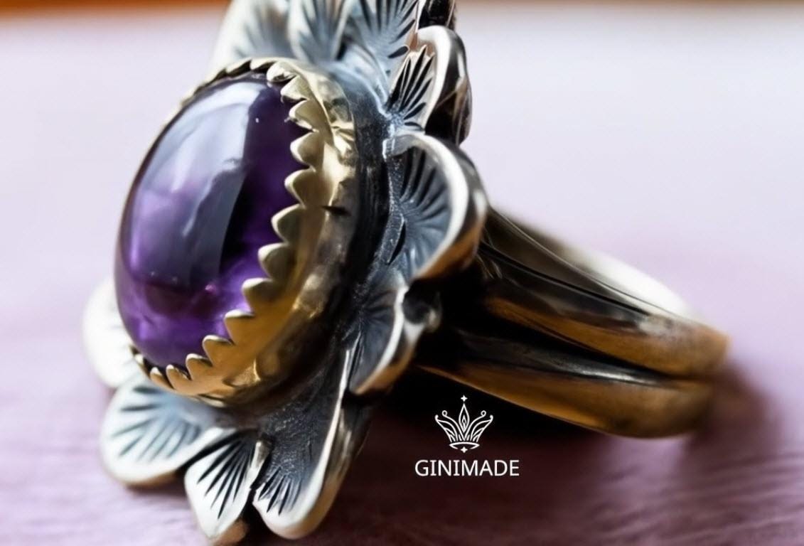 Handcrafted Mix metal Amethyst Ring – Silver Floral Leaf Design – Nature-Inspired Boho Jewelry