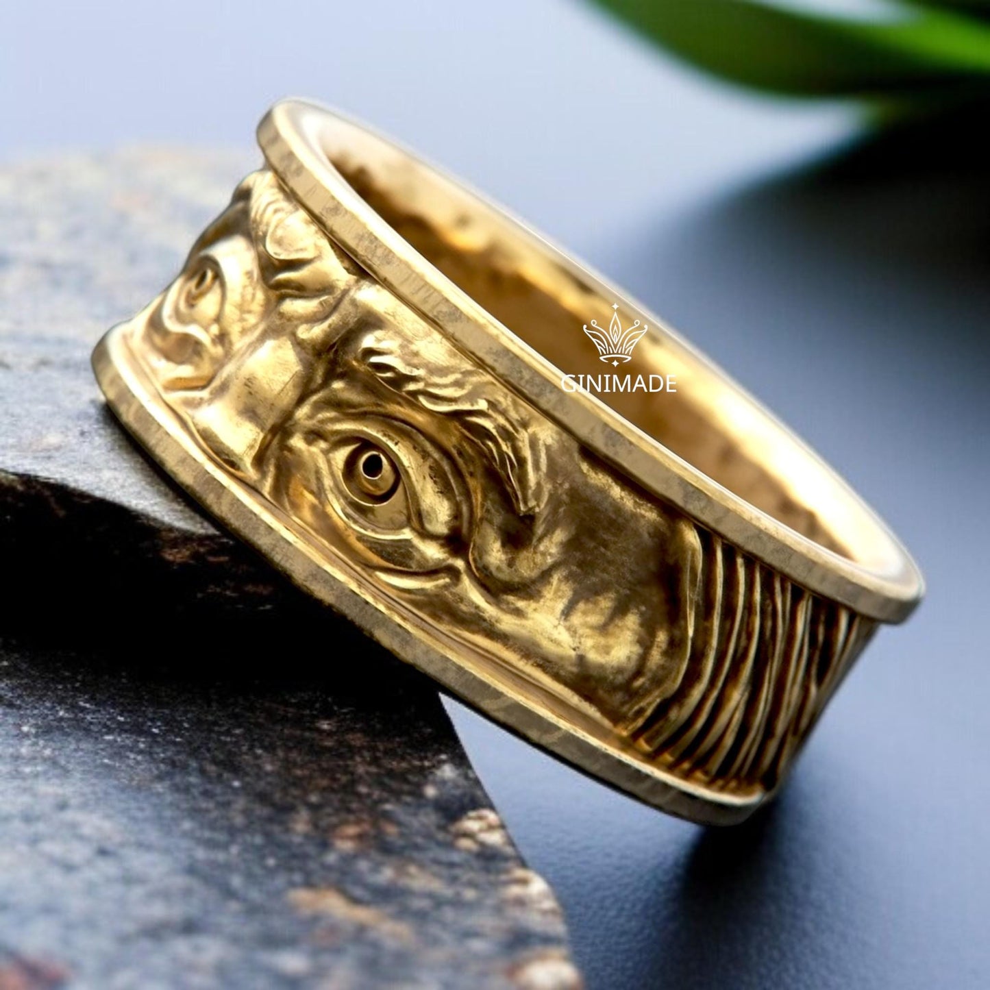 Franklin Eyes Ring | Bold Gold Face Ring | Handmade Sculpted Eye Band | GINIMADE Statement Jewelry | Gothic Men's Ring | Unique Artisan Ring