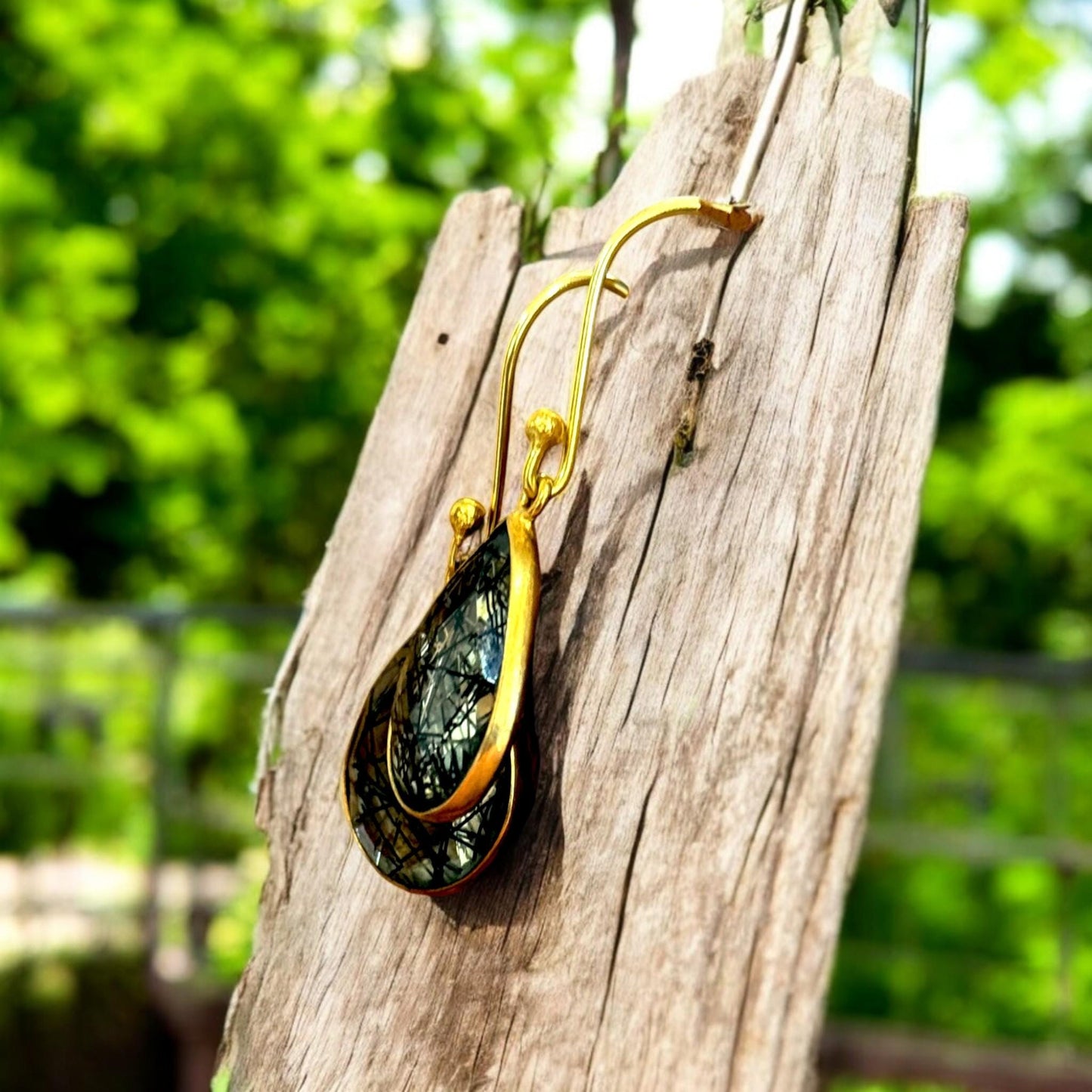 Handmade Rutilated Quartz Earrings – Teardrop Gemstone Dangle Earrings – Gold-Plated Jewelry Gift for Women.