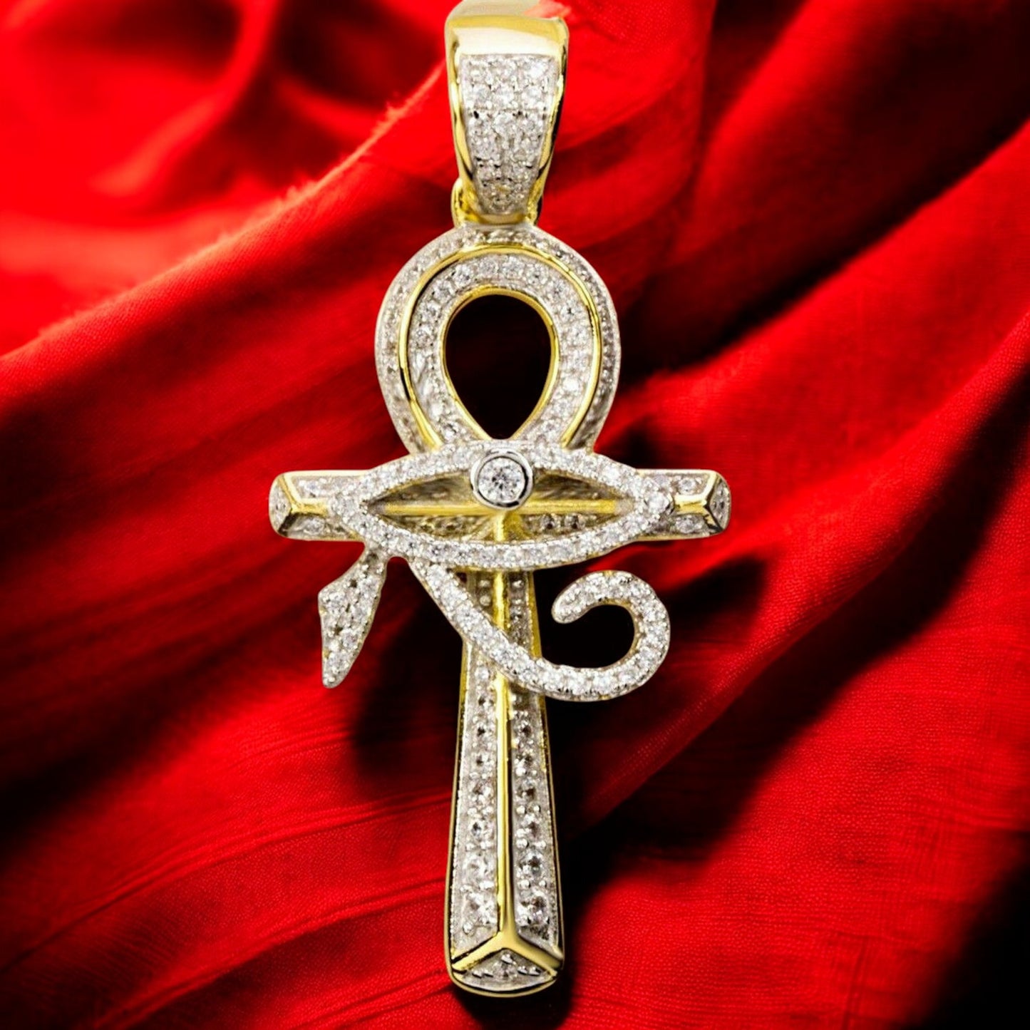 Egyptian Ankh & Eye of Horus Cross Pendant – 14K Gold Plated Silver with CZ Diamond