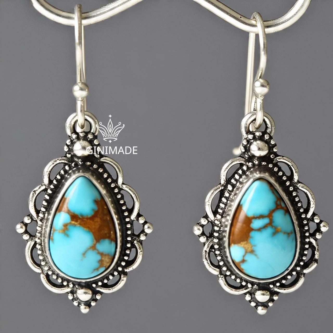 Boho Turquoise Drop Earrings | Handmade Tribal Silver Dangle Earrings | Teardrop Gemstone Oxidized Earrings | Ethnic Indian Jewelry