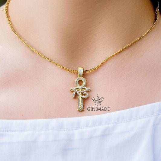 Ankh Cross Necklace • Eye of Horus Pendant • 925 Sterling Silver with CZ Stones • Gold Plated Minimalist Jewelry