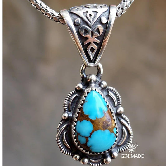 Copper turquoise Pendant Pear – 925 Sterling Silver Boho Necklace, Natural Gemstone Jewelry, Handmade Vintage Gift for Her