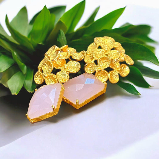 Handmade Floral Brass Earrings with Pink Chalcedony | Gold Plated Statement Dangle Earrings | Boho Wedding Jewelry | Gift for Her