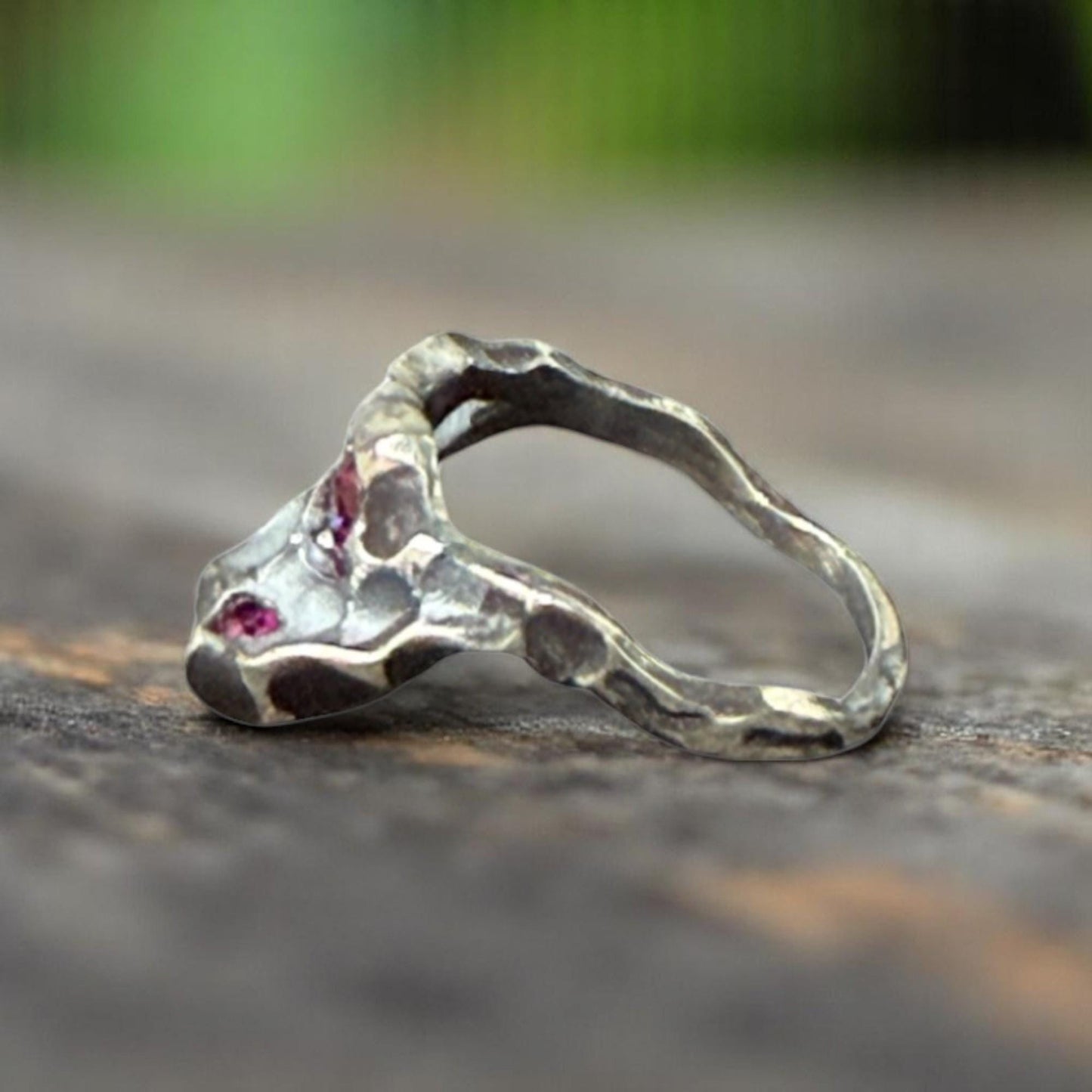 Handcrafted 925 Silver Crater Ring with CZ Ruby – Raw Textured Statement Ring, Unique Artisan Jewelry
