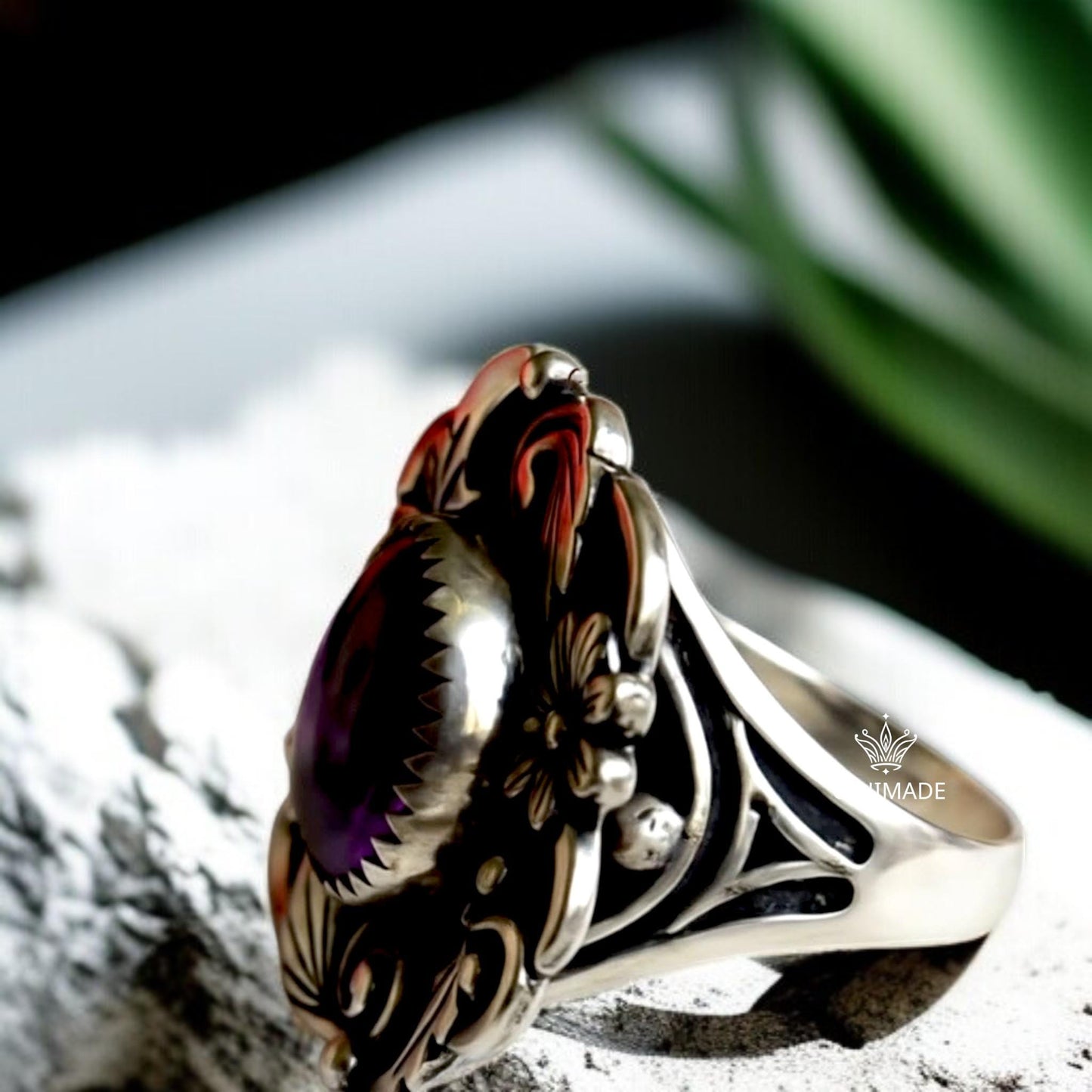 Bold Amethyst Ring – Bohemian Nature-Inspired Silver Jewelry – Floral Leaf Design