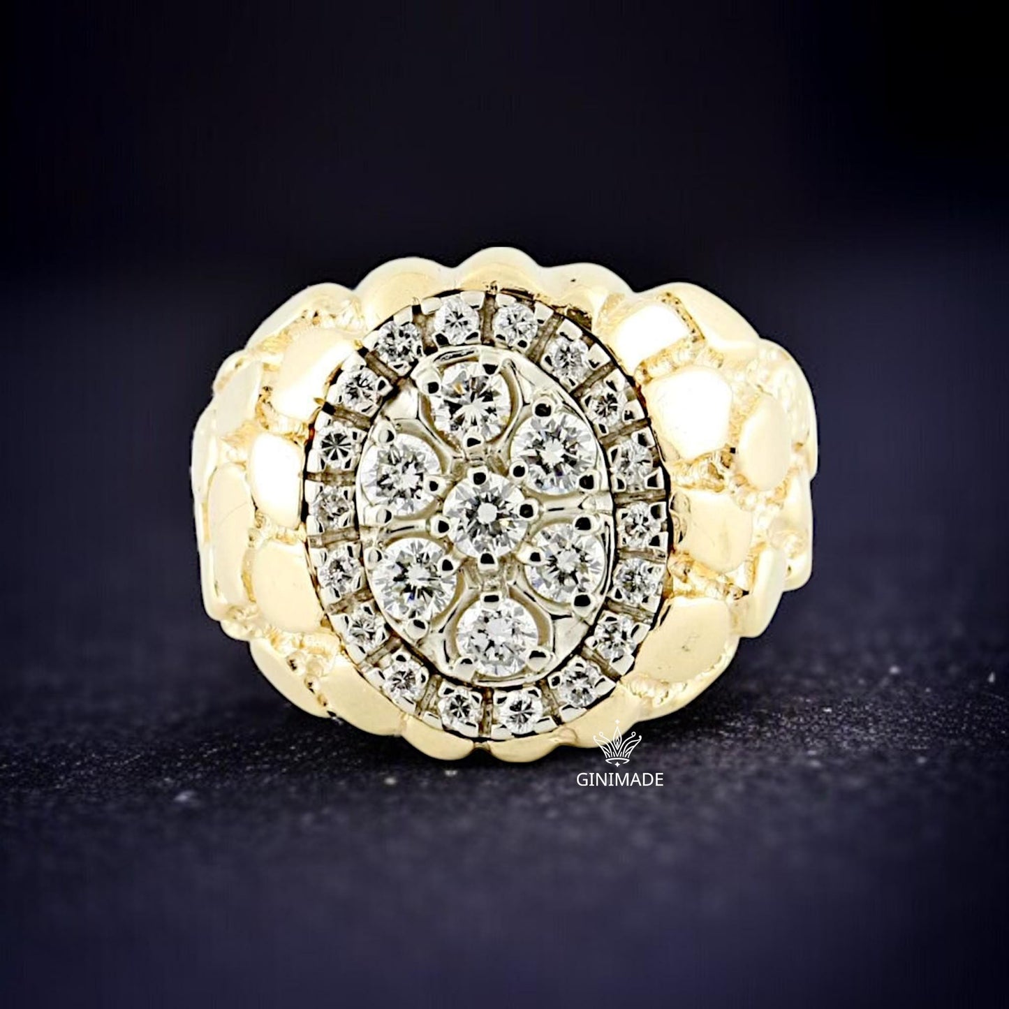 Gold Nugget CZ Ring – Oval Cluster Statement Ring for Men – 18K Gold Plated Hip Hop Bling Ring – Vintage Style Iced Out Ring by Ginimade