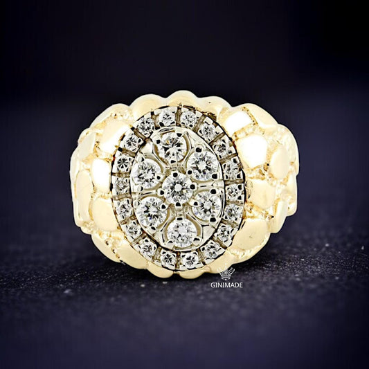 Gold Nugget CZ Ring – Oval Cluster Statement Ring for Men – 18K Gold Plated Hip Hop Bling Ring – Vintage Style Iced Out Ring by Ginimade