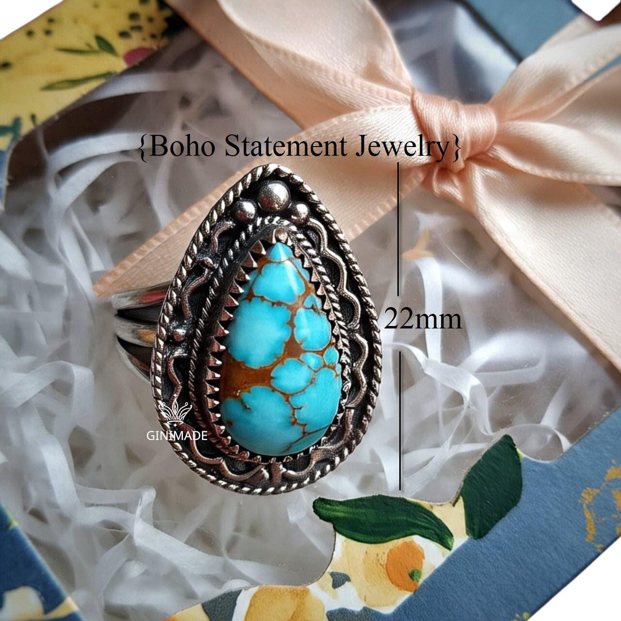Handmade Turquoise Ring – Sterling Silver Boho Statement Jewelry – Southwestern Style