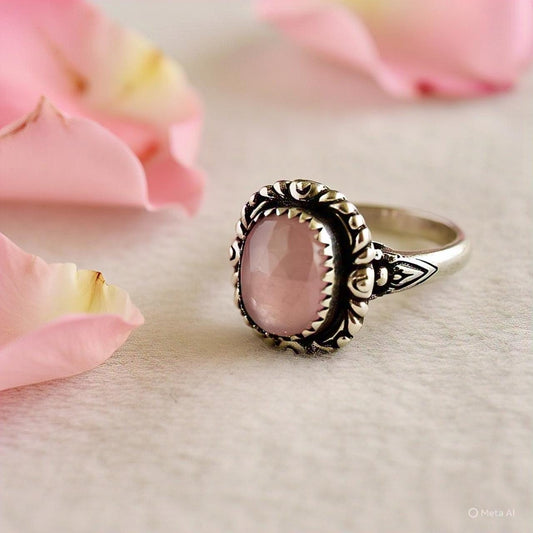 Boho Rose Quartz Ring – 925 Sterling Silver, Cushion‑Cut Pink Gemstone, Minimalist Statement