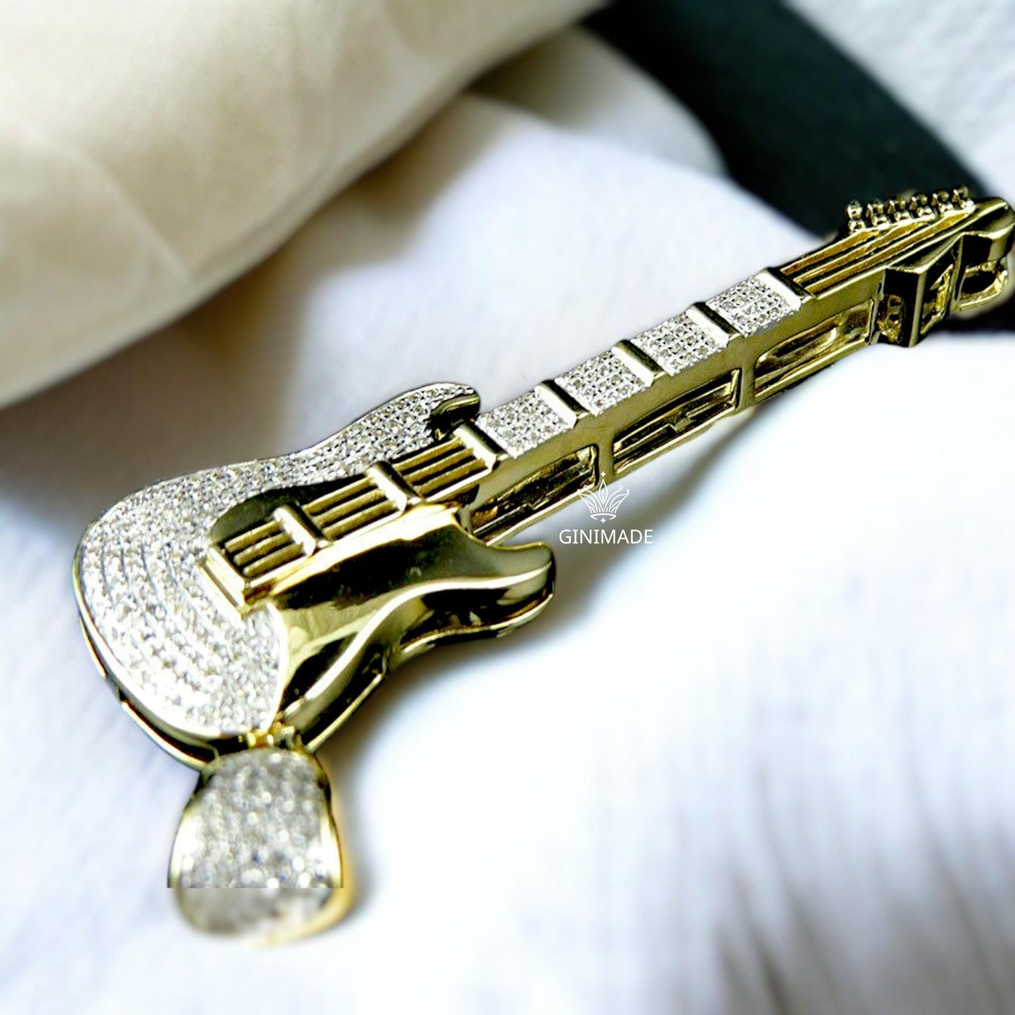 Gold Guitar Pendant – Iced Out CZ Electric Guitar Necklace – Hip Hop Rock Jewelry – Bling Musician Gift – Men’s Statement Chain Charm.