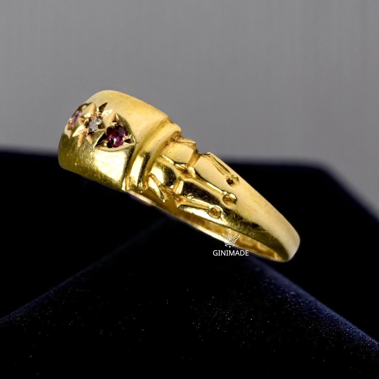 Vintage Gold CZ Diamond & Ruby Ring | Victorian Starburst Ring | Antique Style Pink Gemstone Ring | Bold Statement Jewelry for Her