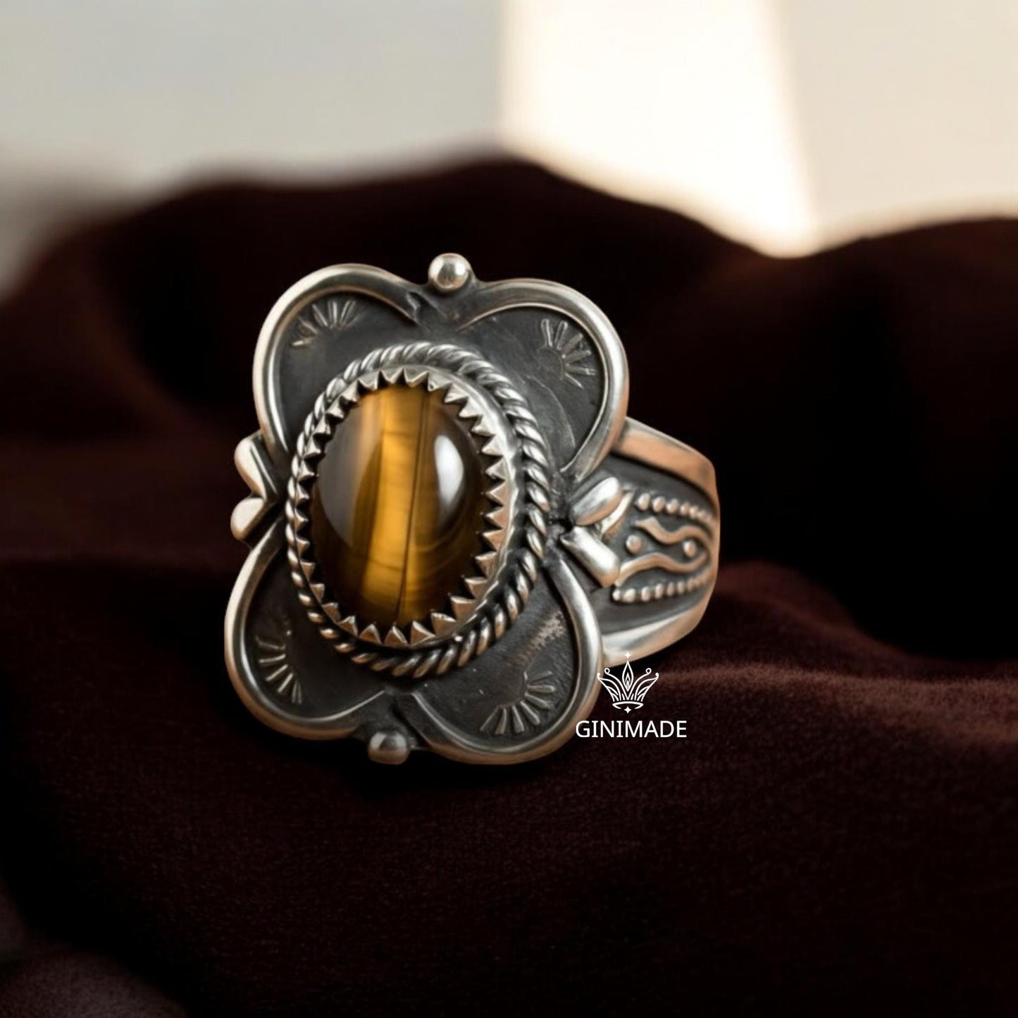 Vintage Tiger Eye Statement Ring  Sterling Silver Boho Ring for Men & Women  Southwestern Tribal Jewelry  Handmade Gemstone Ring Gift