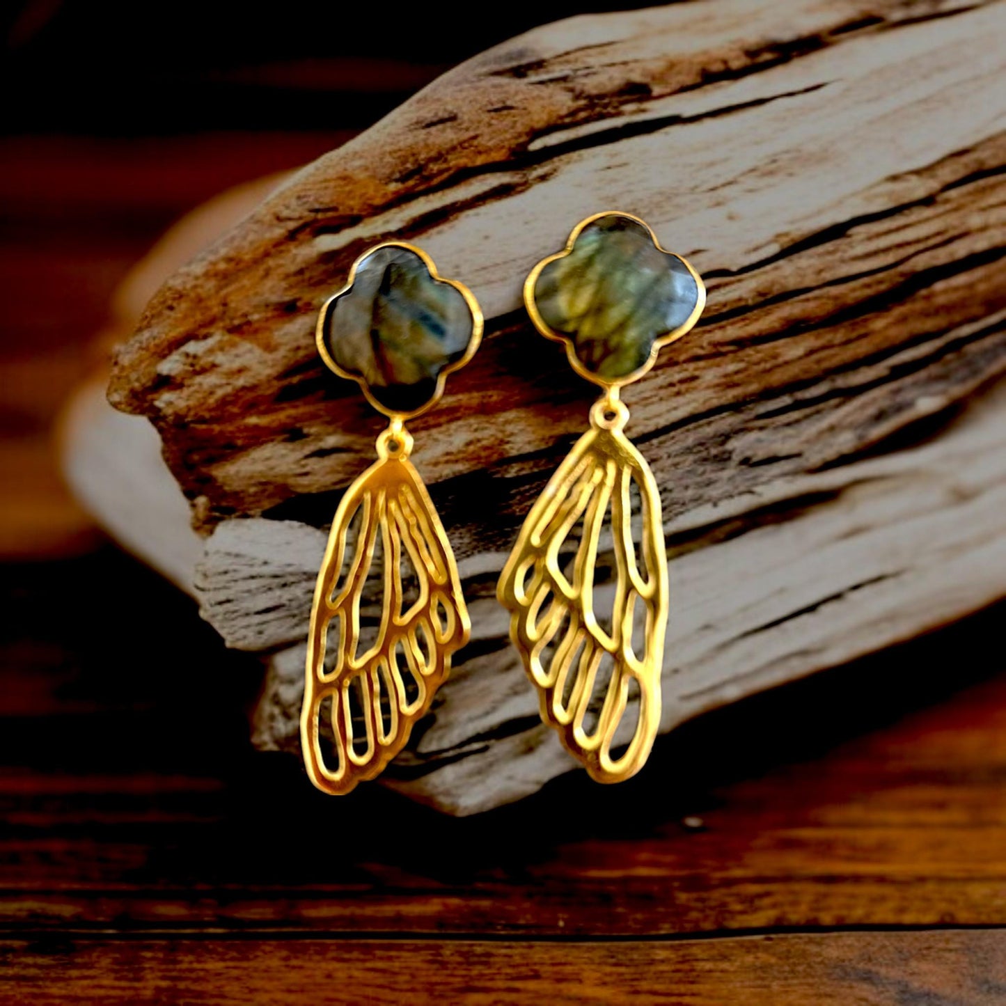 Labradorite Brass Butterfly Wing Earrings – Handmade Gold Plated Statement Dangle Earrings – Nature Inspired Boho Jewelry Gift for Her.