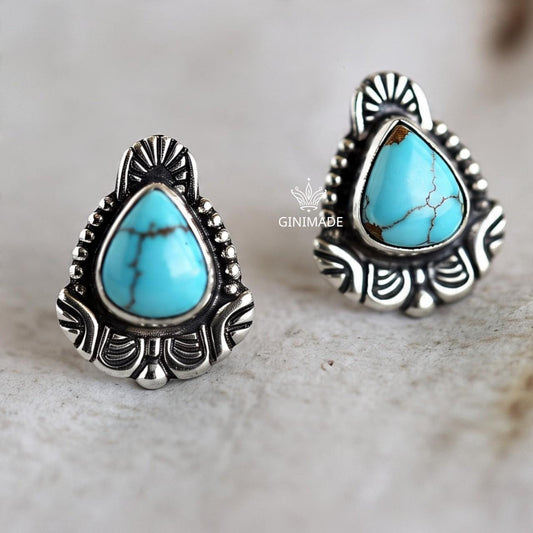 Boho Turquoise Drop Earrings | Handmade Tribal Silver Dangle Earrings | Teardrop Gemstone Oxidized Earrings | Ethnic Indian Jewelry