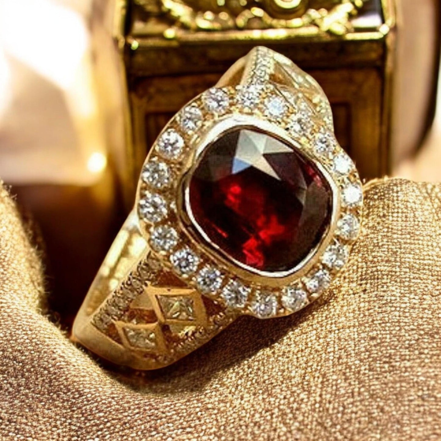 Vintage Natural Garnet Gemstone Ring with CZ Diamonds – January Birthstone Ring for Her
