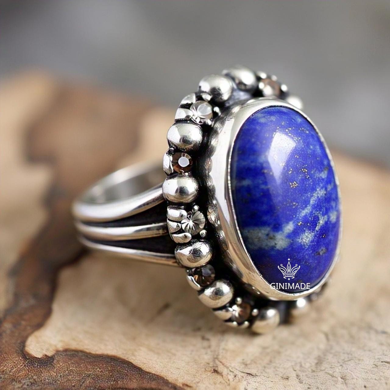 Lapis Lazuli Statement Ring – Vintage Style Sterling Silver Ring – Blue Gemstone Ring for Women – Boho Handmade Jewelry by Ginimade