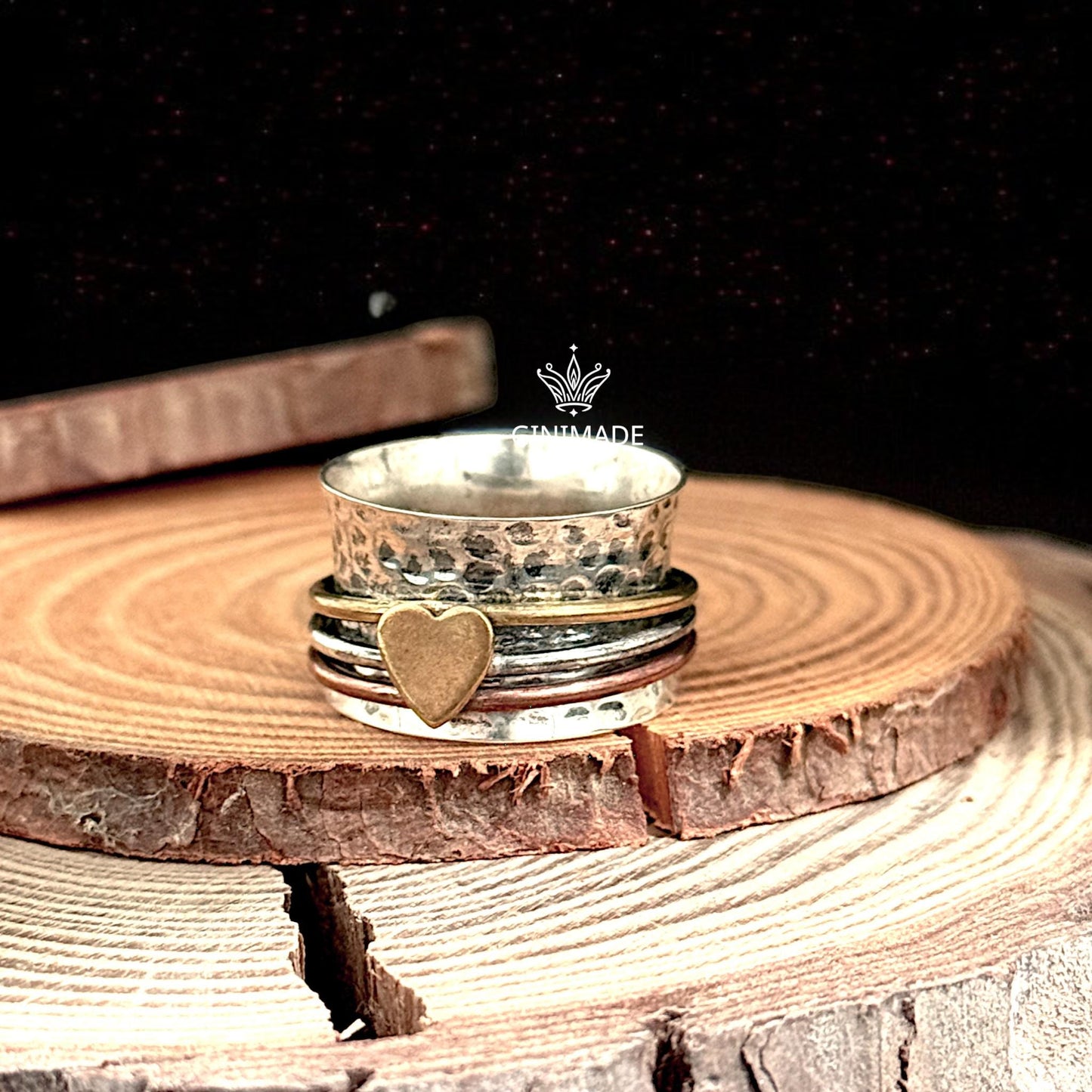 Heart Spinner Ring | Sterling Silver Mixed Metal Fidget Ring Handmade Wide Band Boho Ring | Brass Copper Accent | GINIMADE