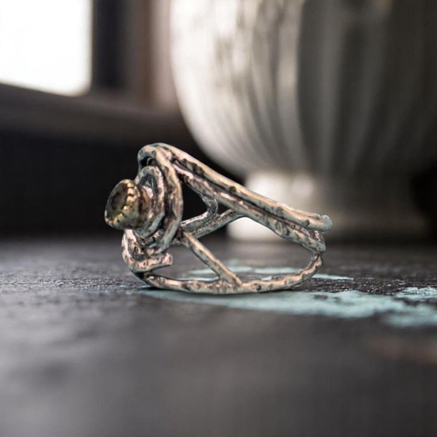 Boho 925 Sterling Silver Ring with Natural Peridot Gemstone | Handmade Spiral Statement Ring | Textured Silver Gemstone Jewelry for Her