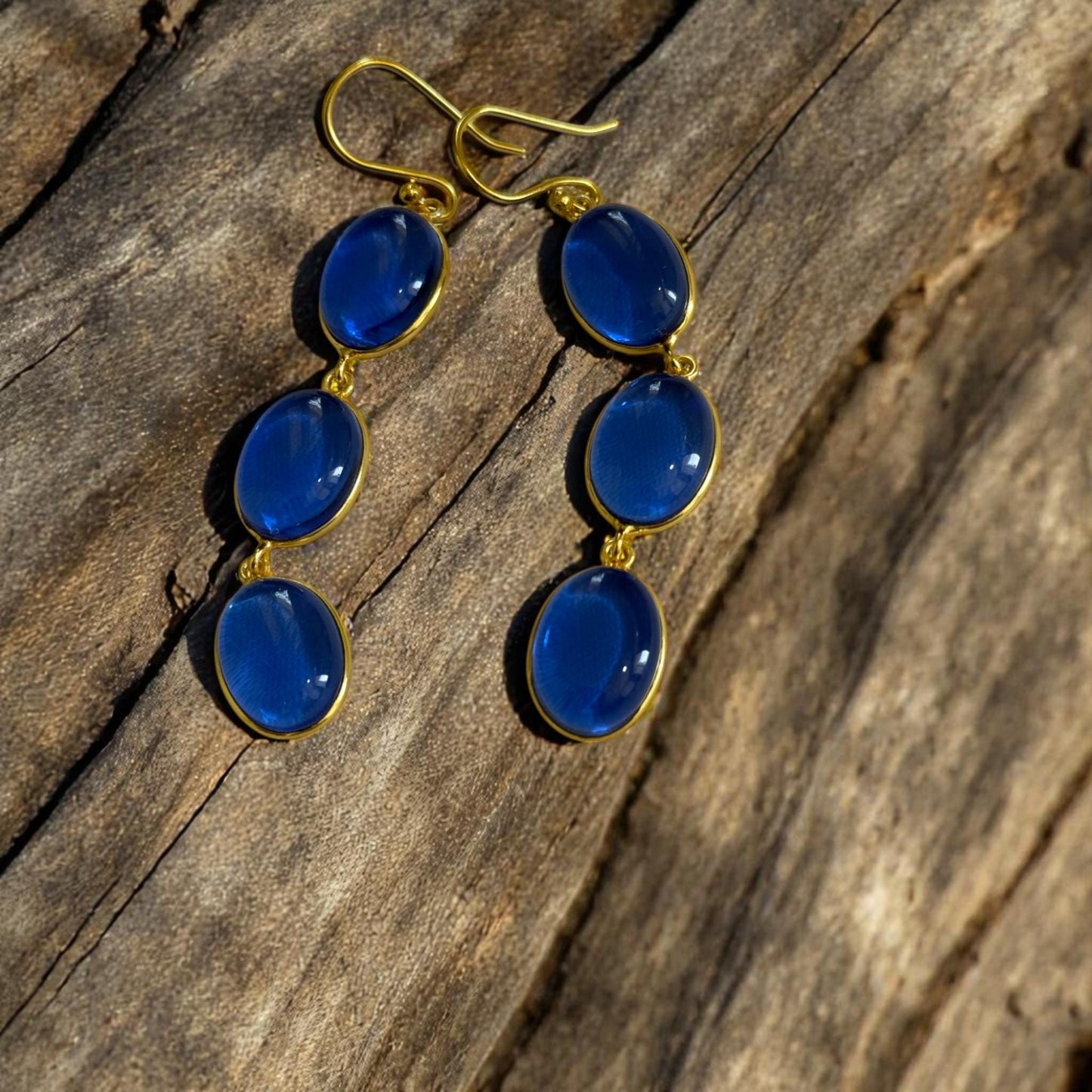 Handmade Boho Chic Gold Dangle Earrings – Triple Blue Oval Gemstone Statement Drop Earrings for Women.