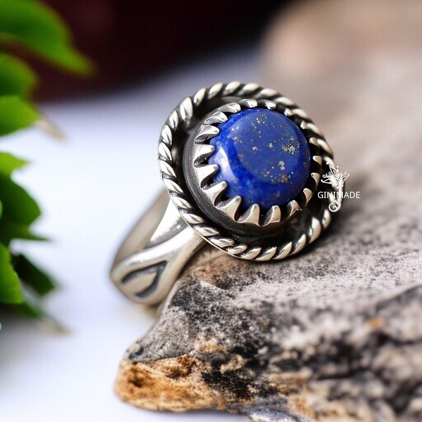 Boho Natural Vintage-Inspired Bohemian Jewelry Lapis Lazuli Ring – Round Gemstone in 925 Sterling Silver