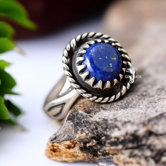 Boho Natural Vintage-Inspired Bohemian Jewelry Lapis Lazuli Ring – Round Gemstone in 925 Sterling Silver