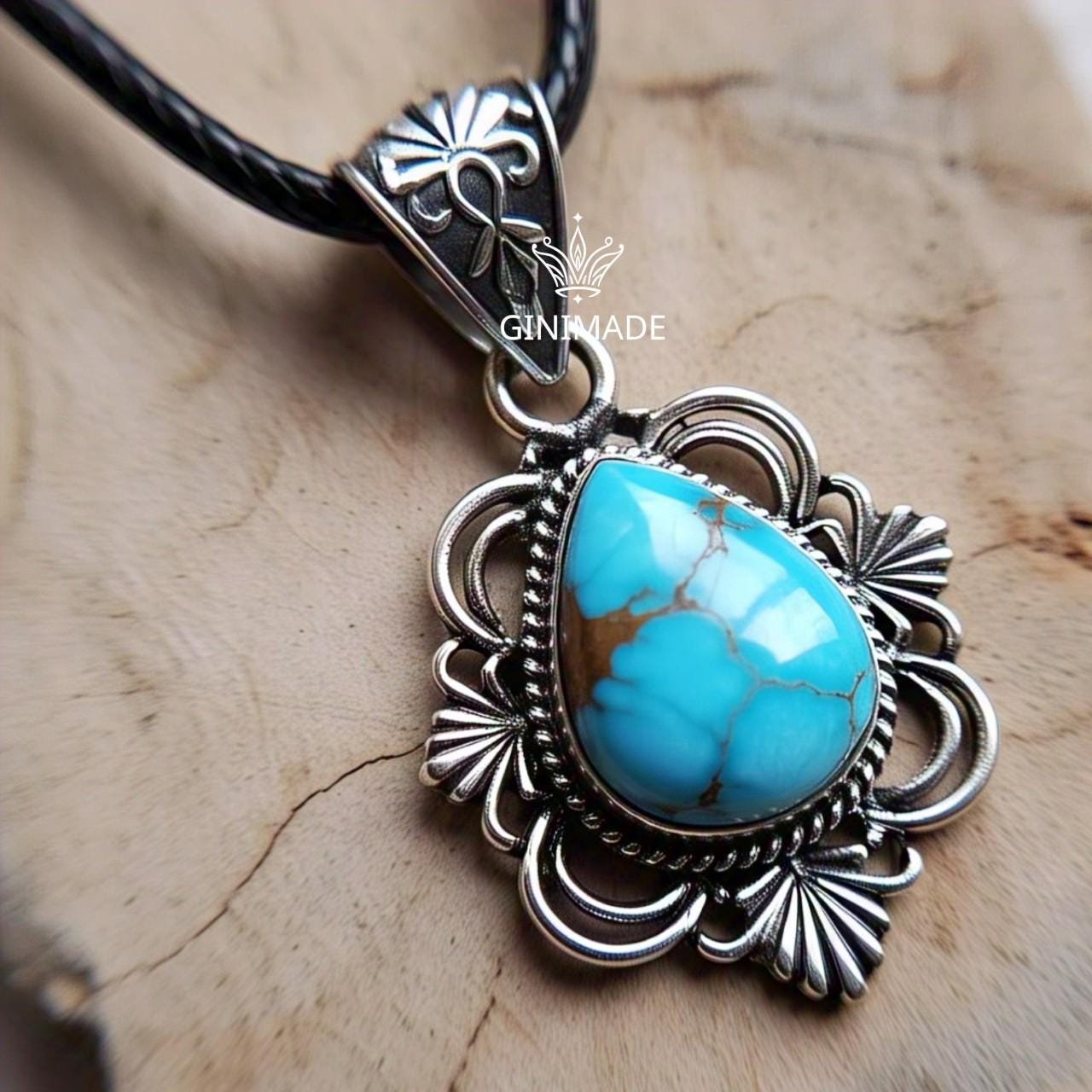 Copper turquoise Pendant Pear – 925 Sterling Silver Boho Necklace, Natural Gemstone Jewelry, Handmade Vintage Gift for Her