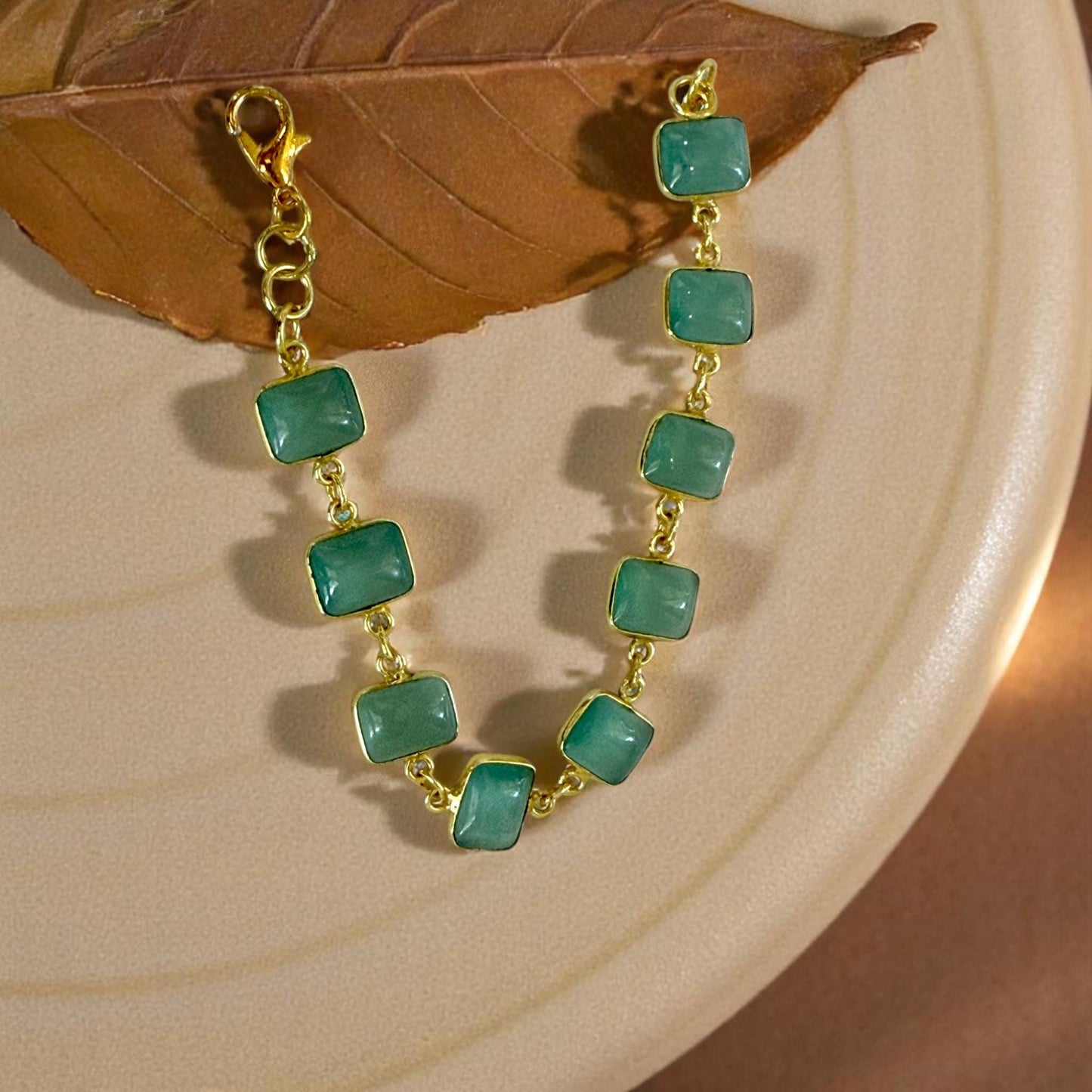 Dainty Handmade Bracelet for Women – Green Glass Stone Jewelry – Gold-Plated Brass Bracelet – Minimalist Gift for Her