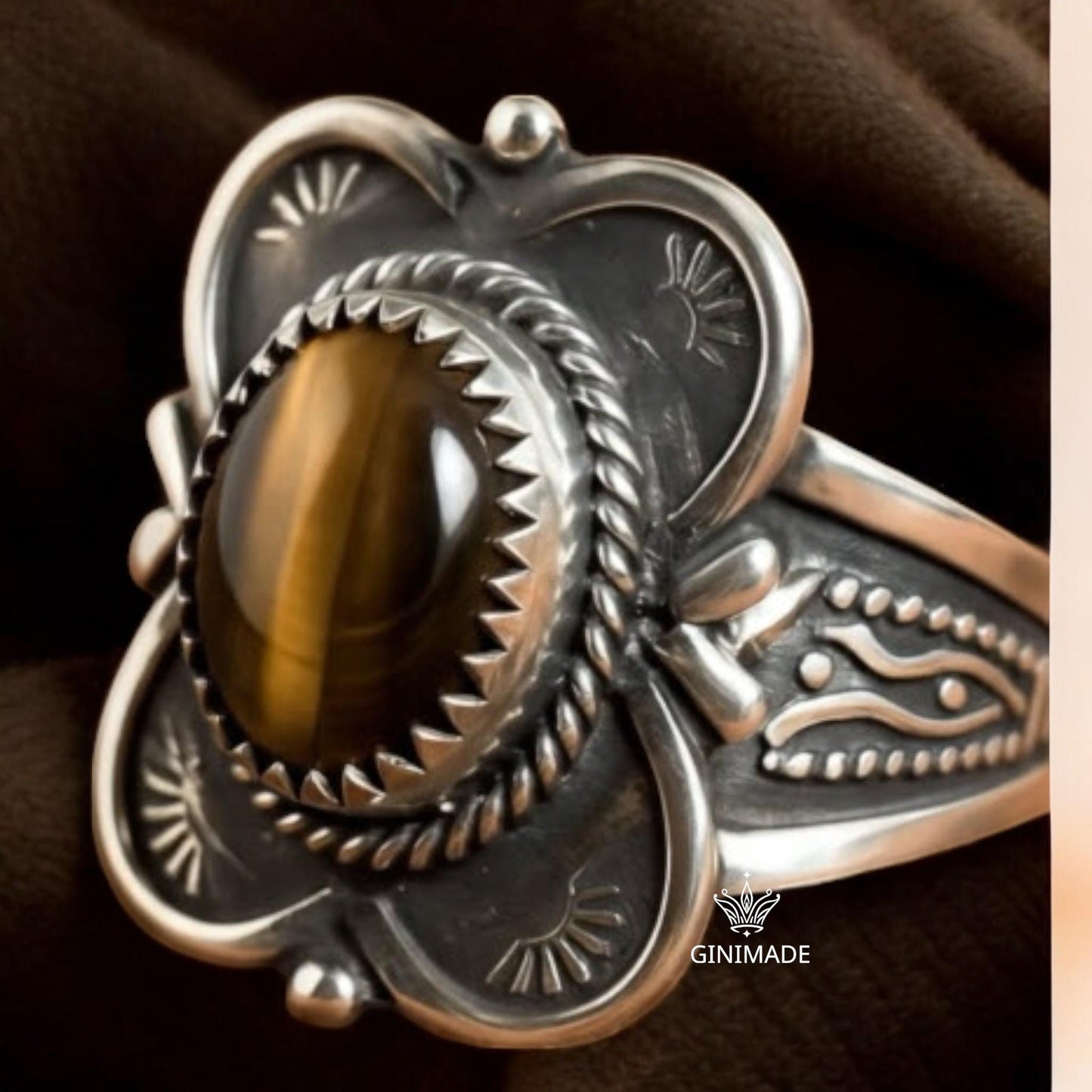 Vintage Tiger Eye Statement Ring  Sterling Silver Boho Ring for Men & Women  Southwestern Tribal Jewelry  Handmade Gemstone Ring Gift