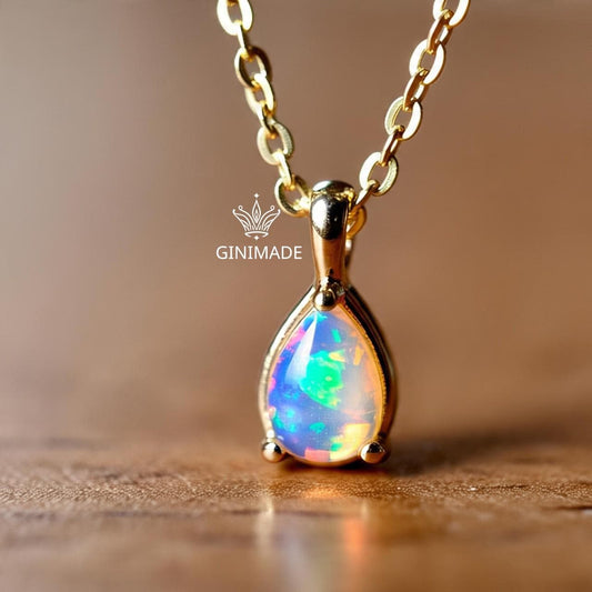 Tiny Opal Gold Necklace – Dainty October Birthstone Pear Pendant, Minimalist Opal Jewelry, Bridesmaid Gift, Birthday Gift for Her.