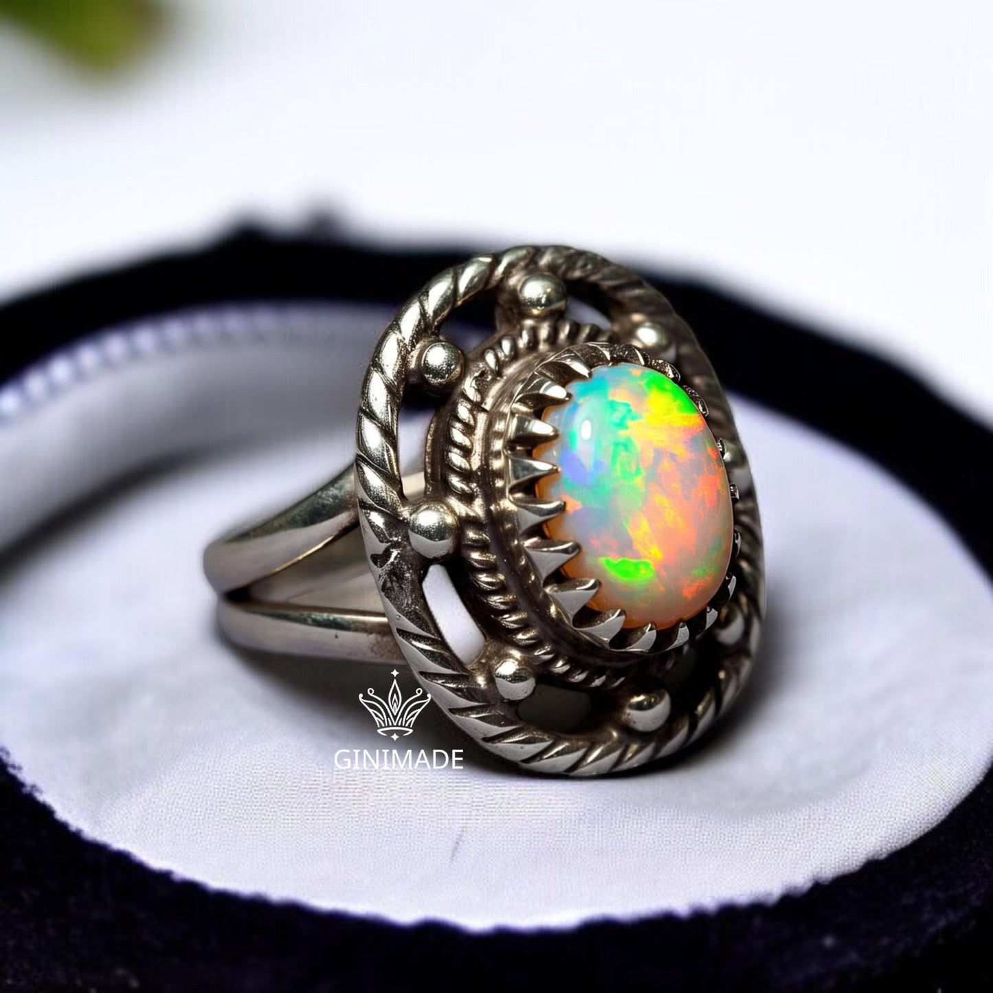 Bold Fire Opal Ring | Sterling Silver Vintage Boho Ring | Handmade Rainbow Opal Statement Jewelry for Her