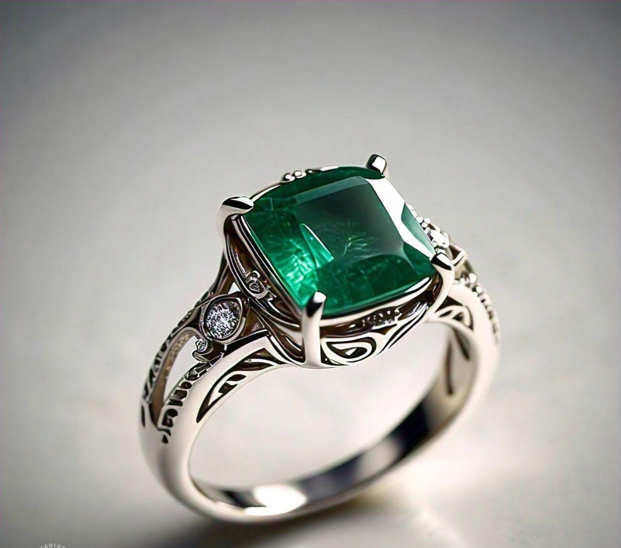 Natural Emerald and Silver Band Ring - Simple yet Sophisticated