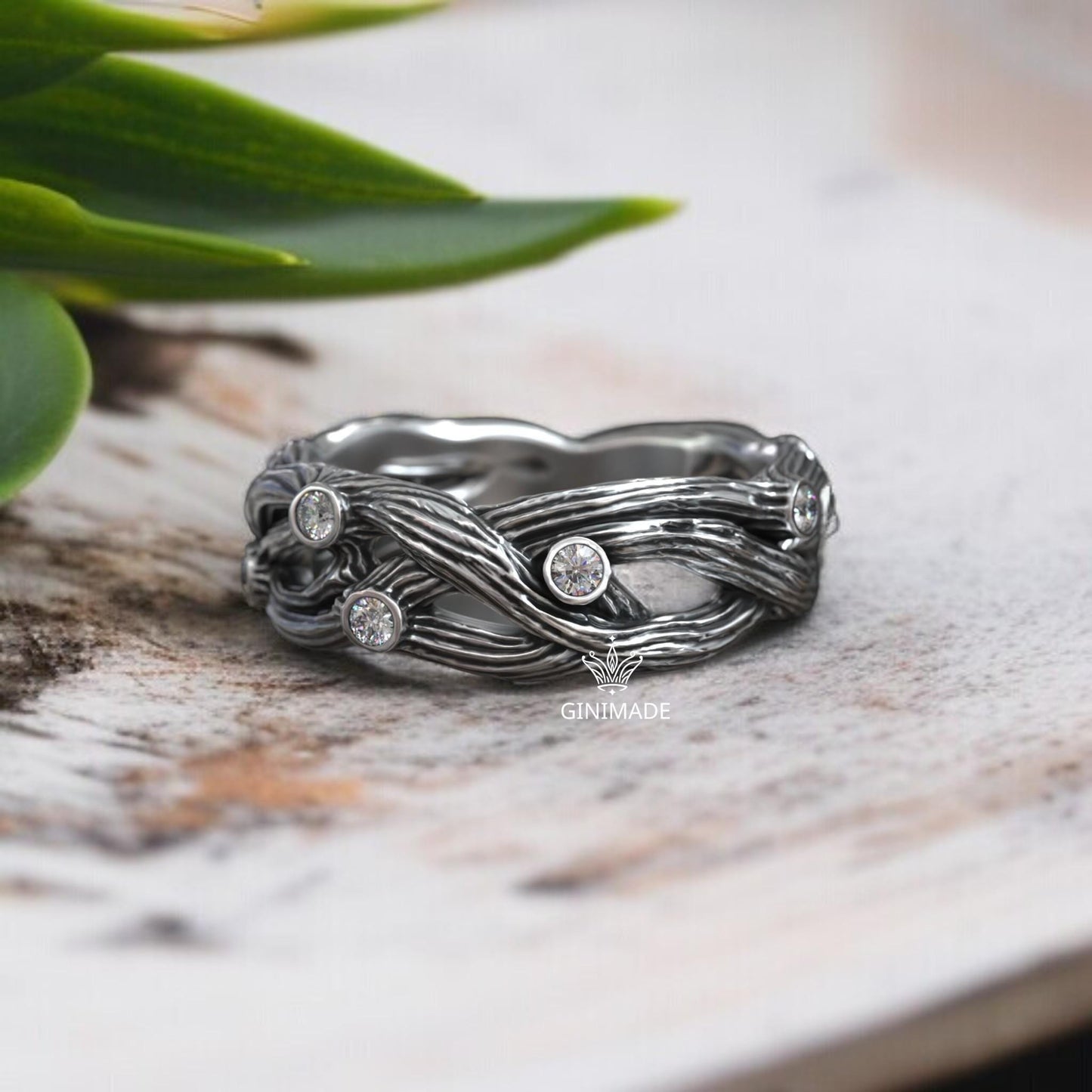 Boho Nature-Inspired Branch Ring – Sterling Silver Tree Bark Band with Diamonds – Organic Woodland Engagement or Promise Ring