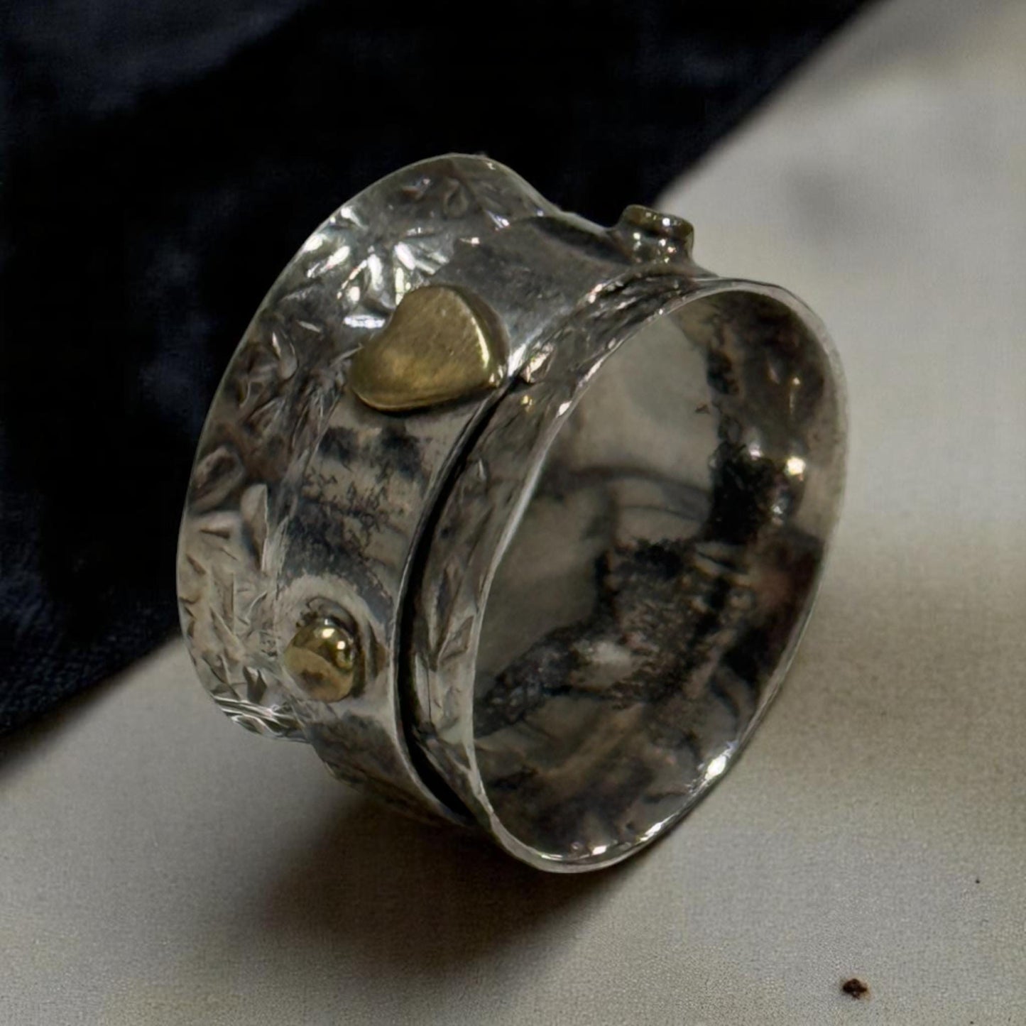 925 Sterling Silver Spinner Ring with Gold Heart – Handmade Textured Meditation Band for Women & Men, Boho Thumb Ring