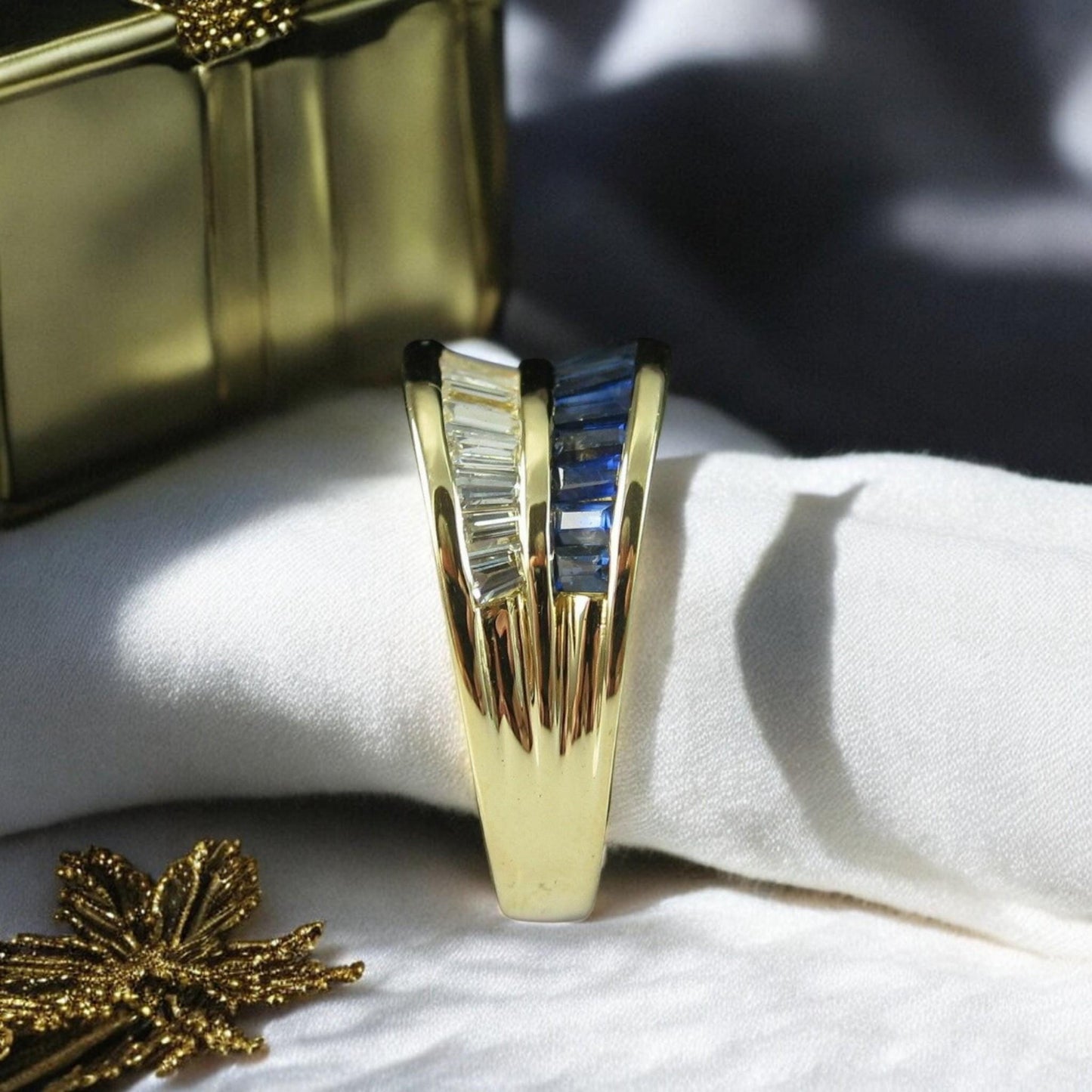 Beautiful Baguette Cut Simulated Sapphire & Diamond Band Ring | 14K Gold Plated 925 Silver Jewelry