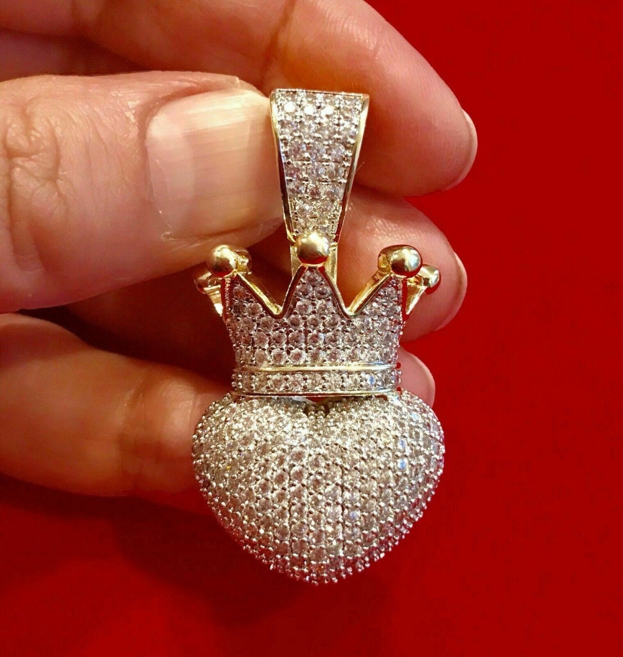 Ghostly Glam: Silver CZ Diamond Crown Heart Pendant.