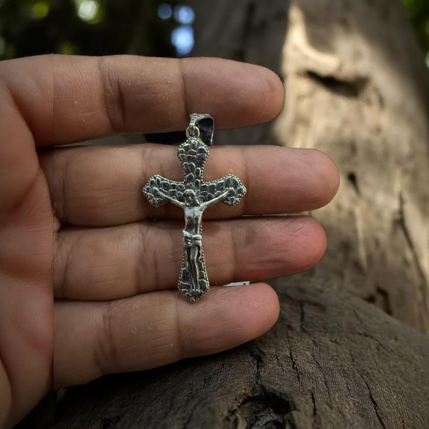 Handmade Brass Cross Pendant with Oxidized Silver Finish – Textured Crucifix Religious Jewelry for Men & Women.