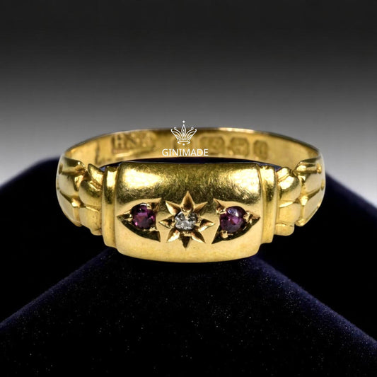 Vintage Gold CZ Diamond & Ruby Ring | Victorian Starburst Ring | Antique Style Pink Gemstone Ring | Bold Statement Jewelry for Her