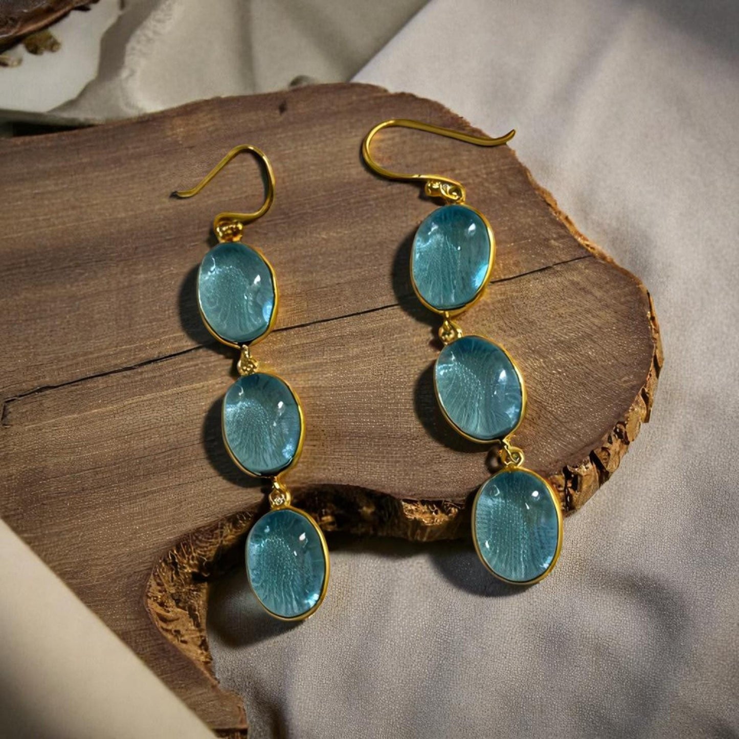 Lush Blue Drops – Handcrafted 3-Stone Brass Earrings – Bohemian Chic Dangle Jewelry for Her